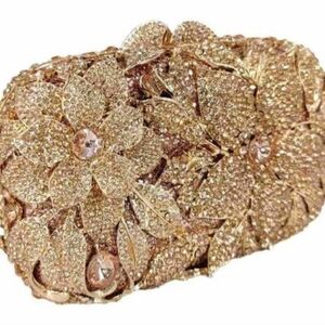 Champagne Metal Floral Crystal Wedding Clutch Purse Evening Bag NWT in Orignal B